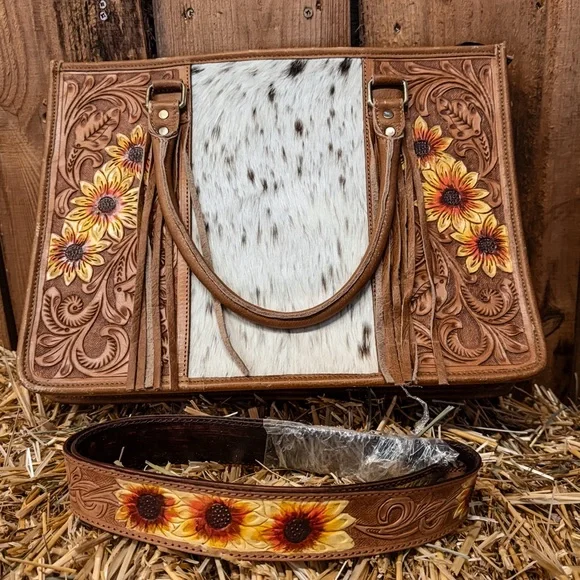 Hand-Tooled Sunflower Leather Tote with Cowhide Panel - Brown - Picture 7 of 8